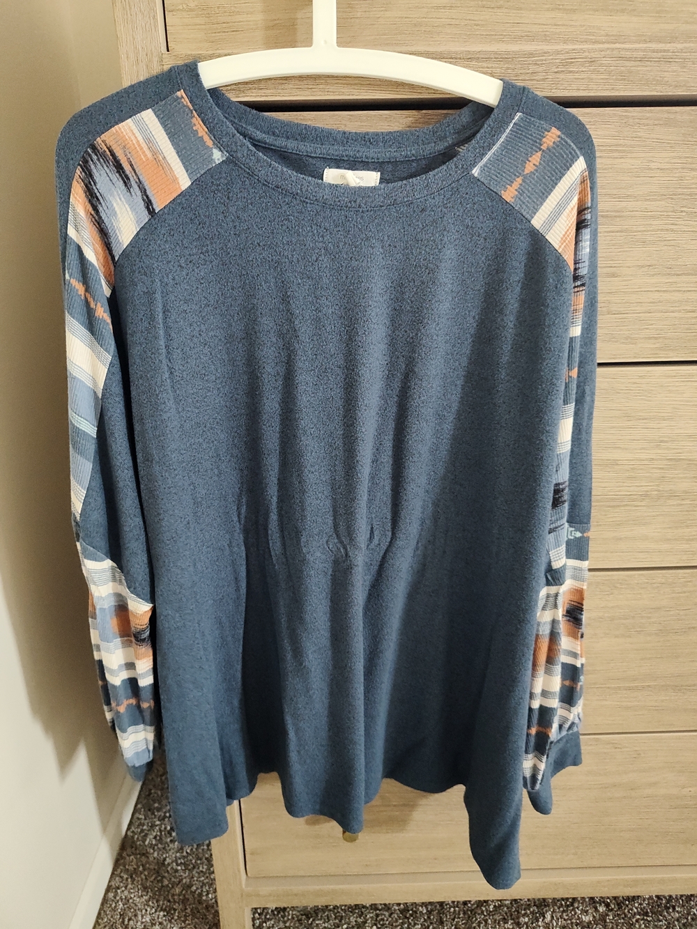 Maurices Blue Long Sleeve Top with Striped Accent Sleeves
